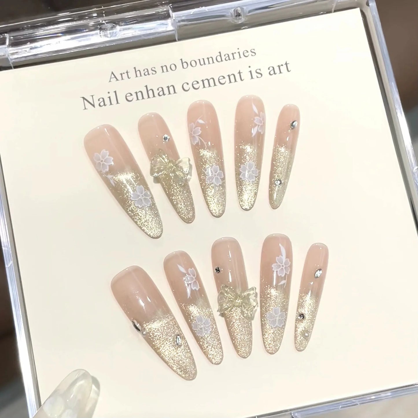10pcs Handmade Press on Nails Gradient Cat's Eye Almond Fake Nail Tips Wearable 3D Bow Glitter Diamond Nail Art Long False Nails Peaceful Pleasures Health and Wellness