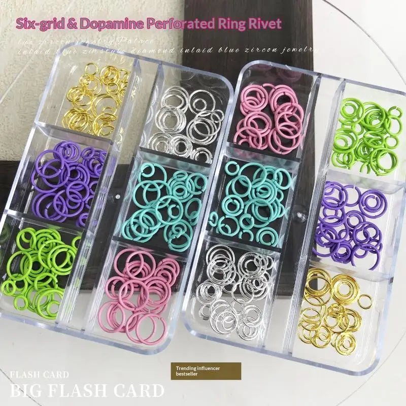 6-Grid Dopamine Nail Art Rings – Mixed Metal Rivets & Charms
