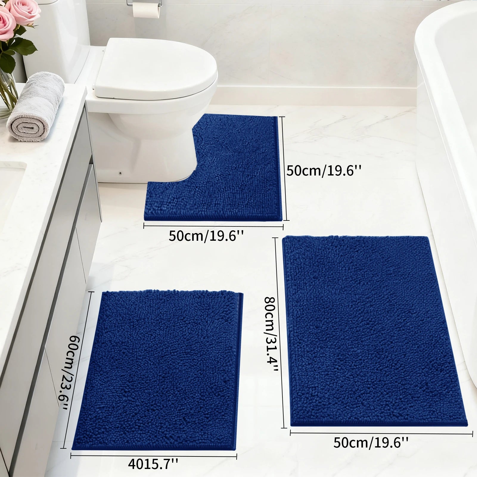 Set of 3 Bathroom Rugs 1.5/3CM Thick Chenille Bath Mat Striped Pattern Shaggy Bath Rugs for Bath Room Non Skid Floor Mats Peaceful Pleasures Health and Wellness Navy 3cm thickness