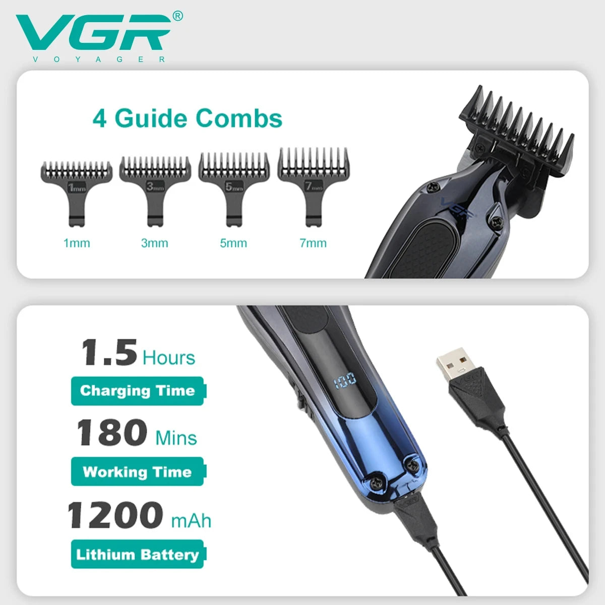 VGR 998 New Design Men's Cordless Rechargeable Professional Hair Clipper Gradient Color Precision Carving Electric Push Clipper Peaceful Pleasures Health and Wellness