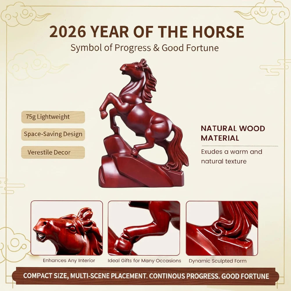 2026 Year of the Horse Wood Figurine | Chinese New Year Statue Decorative Figurine Peaceful Pleasures Health and Wellness