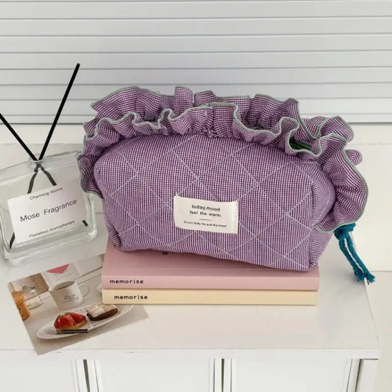 Women's Vintage Gingham Cosmetic Makeup Bag With Ruffled Edges-Large Capacity Organizer For Daily Travel Peaceful Pleasures Health and Wellness