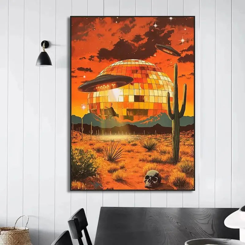 Retro UFO Alien Cow Canvas Poster Disco Ball Cactus Landscape Trippy Wall Art Surreal Aesthetic Home Decor Mural Peaceful Pleasures Health and Wellness