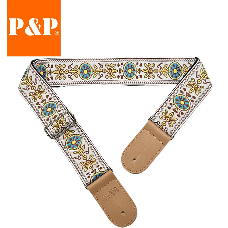 Guitar Strap Embroidered Belt Adjustable Jacquard Band Cotton Leather