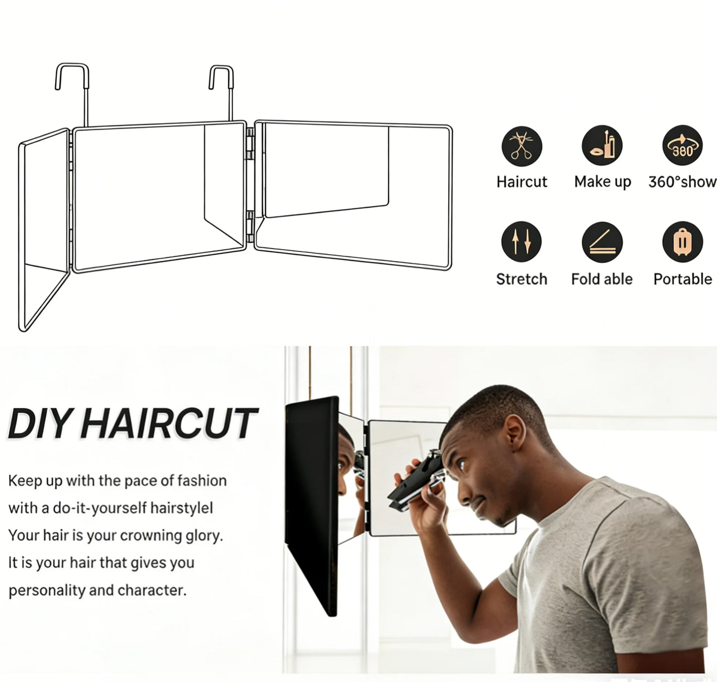 360° Trifold Vanity Makeup Mirror – Travel Telescoping Hook