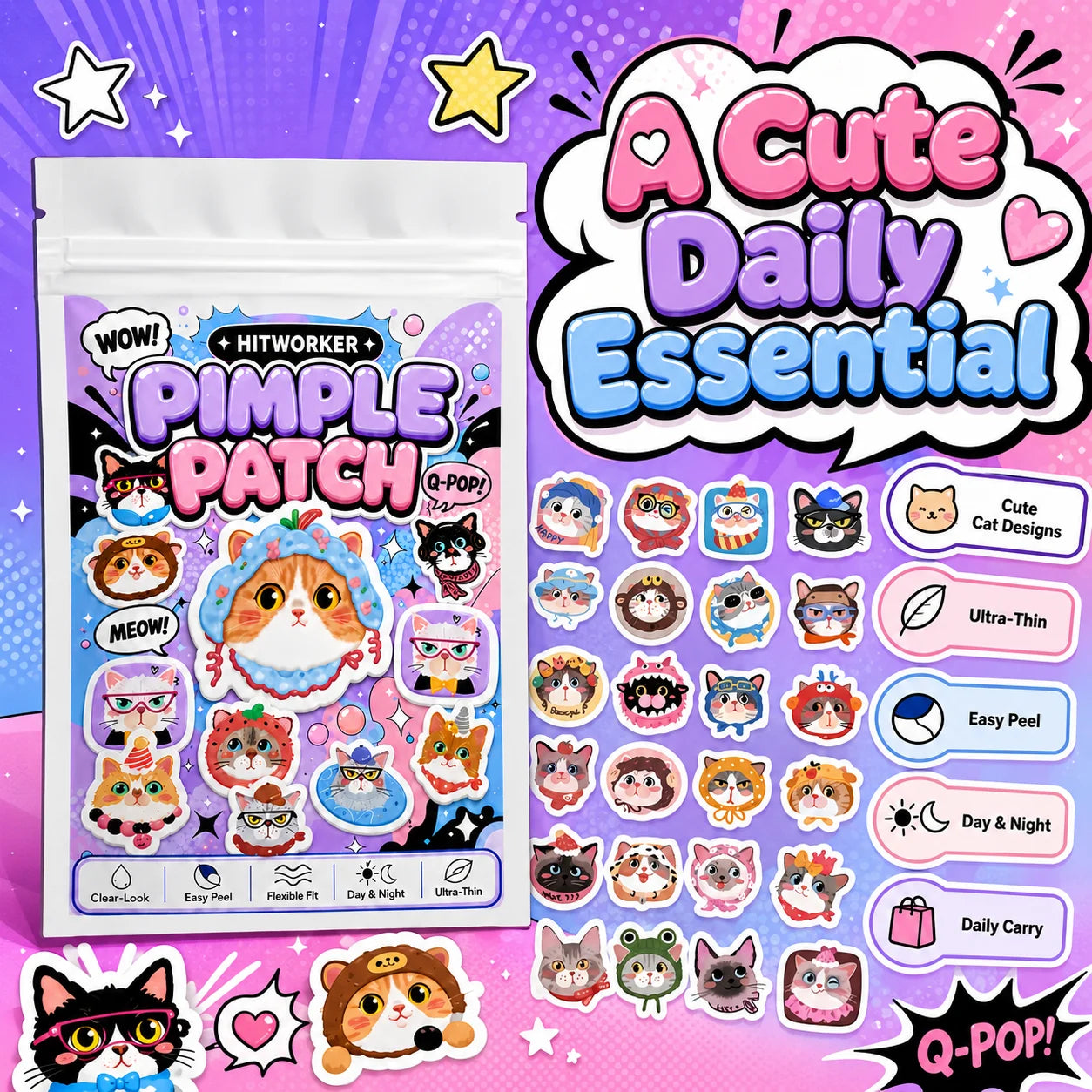 Cute Cat Hydrocolloid Spot Patches – 48/240pc | Day & Night
