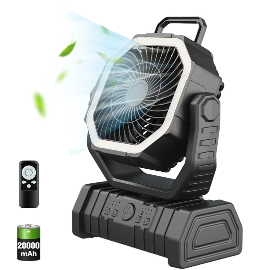 20000mAh High-Capacity Battery LED Light Camping Fan Movable Wireless Air Circulators Outdoor Ventilador with Hook Peaceful Pleasures Health and Wellness black