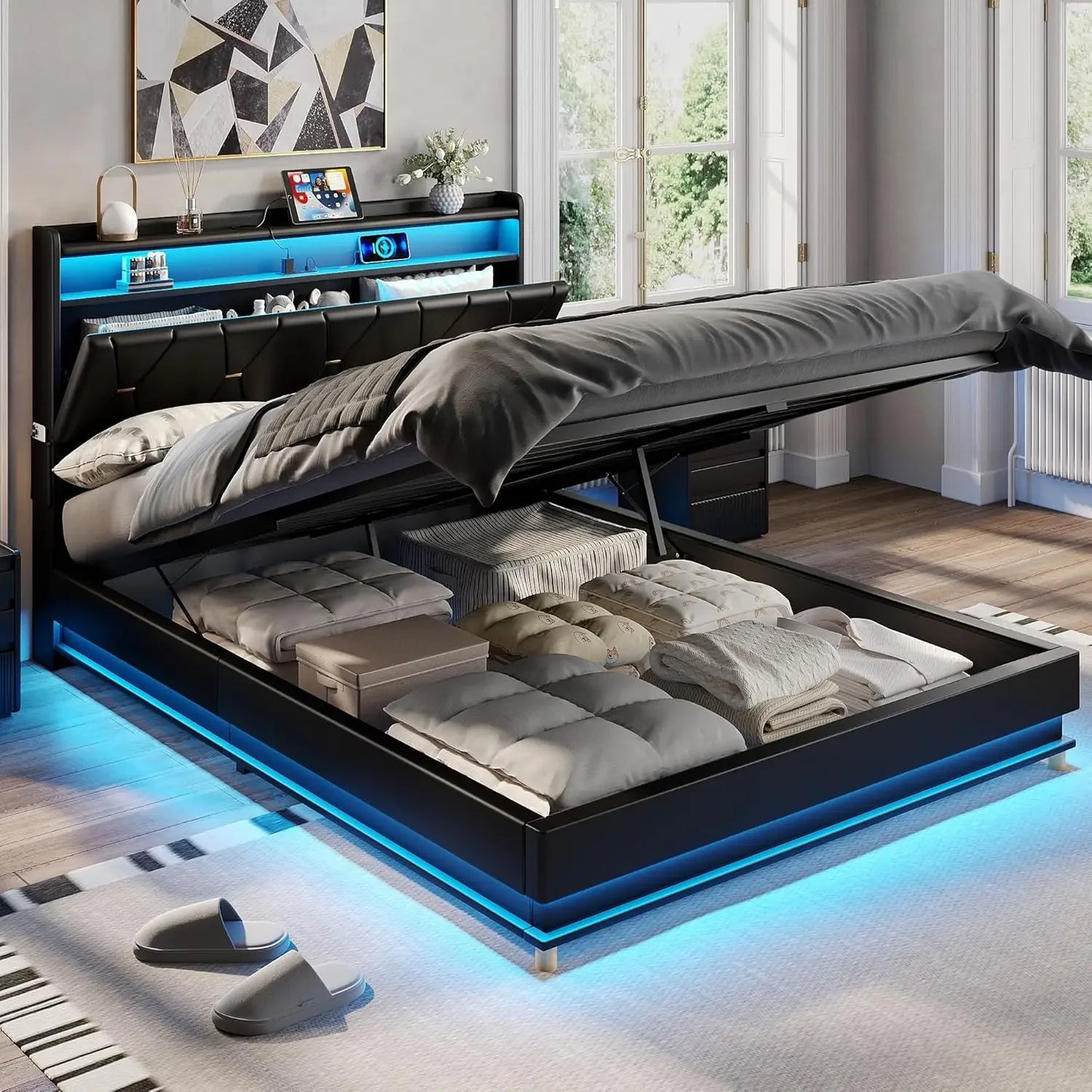 Queen Size Lift-Up Storage Bed Frame with LED Lights, Charging Station & Noise-Free Design Peaceful Pleasures Health and Wellness United States