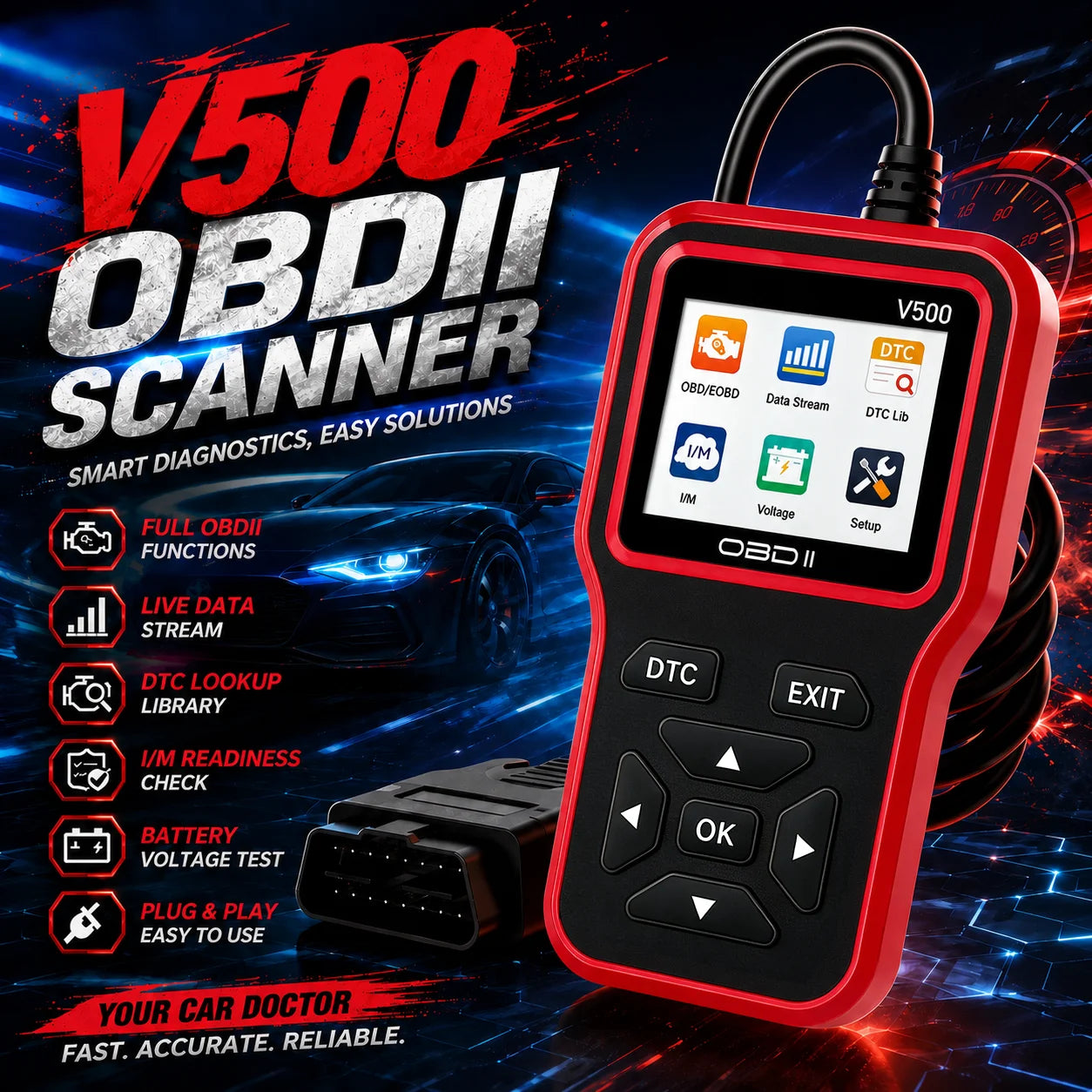 V500 Obd2 Scanner Diagnostic Tool Car Engine Code Reader Check Engine Light Reset Battery Voltage Tester for All Obdii Cars Peaceful Pleasures Health and Wellness Red