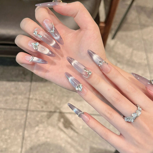 Handmade Press on Nails Glitter Rhinestone Purple Cat Eye Fake Nails Full Cover Wearable European Long Oval Head False Nails Peaceful Pleasures Health and Wellness