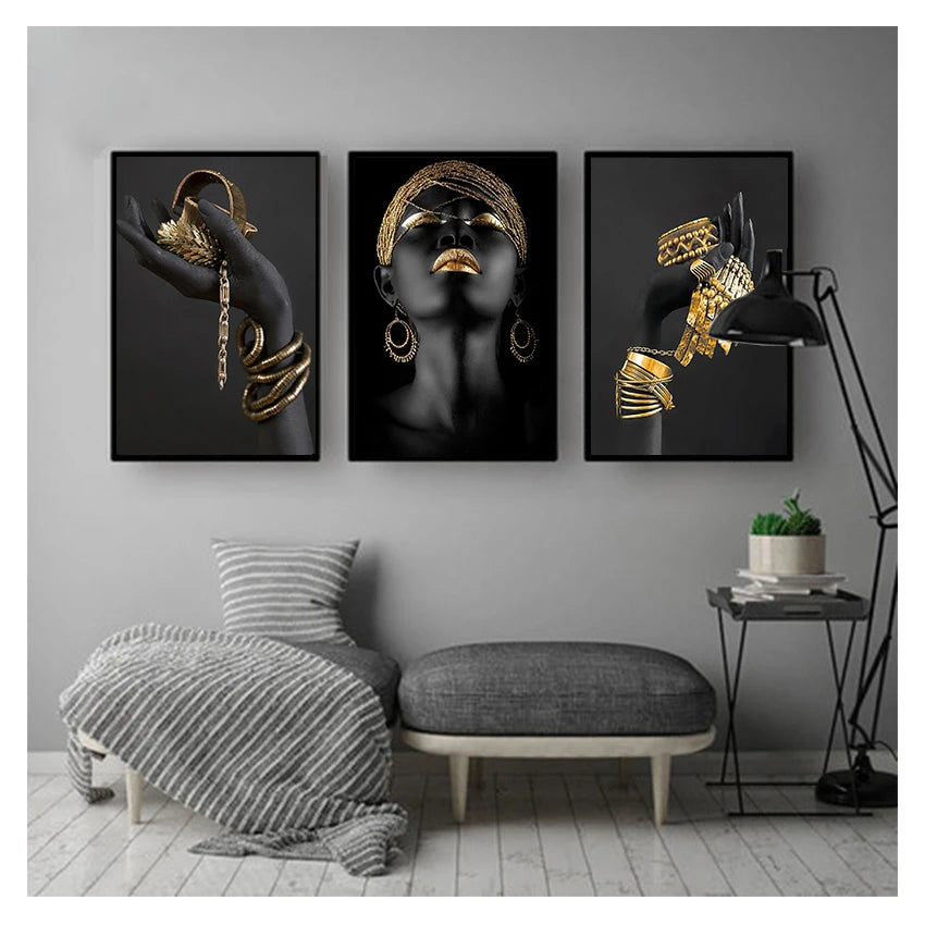 African Black Woman Canvas Wall Art | Gold Jewelry Poster Print Canvas Wall Art Peaceful Pleasures Health and Wellness