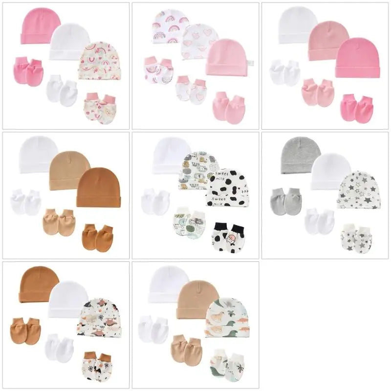 Newborn Baby Hats & Mittens 3-Set – Soft Cotton, 0–3 Months