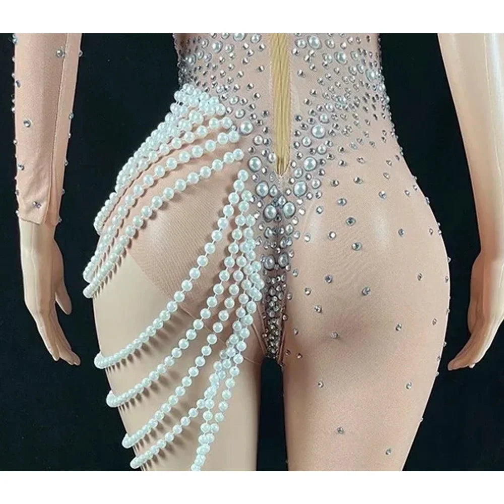 Embellished Maternity bodysuit for pregnancy photoshoot Luxury Club Charming Sexy Beading Women's Pearl Rhinestion Jumpsuits Peaceful Pleasures Health and Wellness