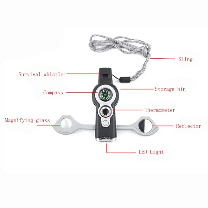 Outdoor 7-in-1 Multifunctional Whistle Survival Whistle with LED Light Thermometer Compass Reflector Magnifier Whistle Peaceful Pleasures Health and Wellness