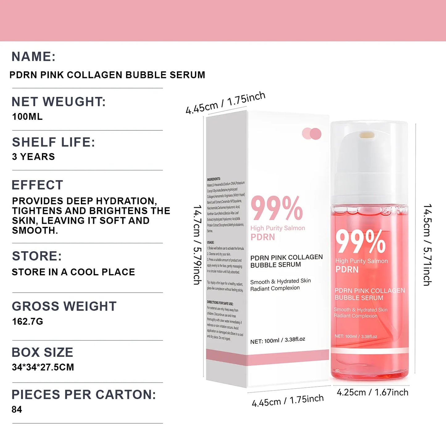 PDRN Pink Collagen Bubble Serum Glow Firming Serum with 99% Purity PDRN & Low Molecular Collagen Lightweight Fast-Absorbing Peaceful Pleasures Health and Wellness
