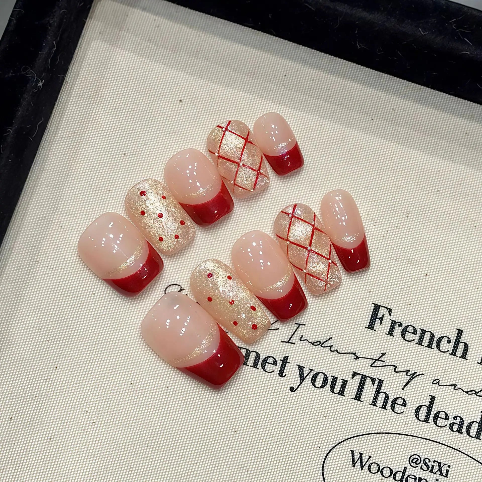 Handmade Press on Nails Shiny Cat Eye French Dot Grid Fake Nail Tips Women Girl Wearable Red New Year Sweet Korean False Nails Peaceful Pleasures Health and Wellness
