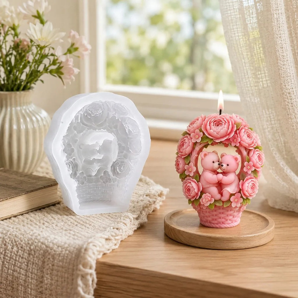3D Hugging Bears Flower Basket Silicone Mold | Candle & Soap DIY