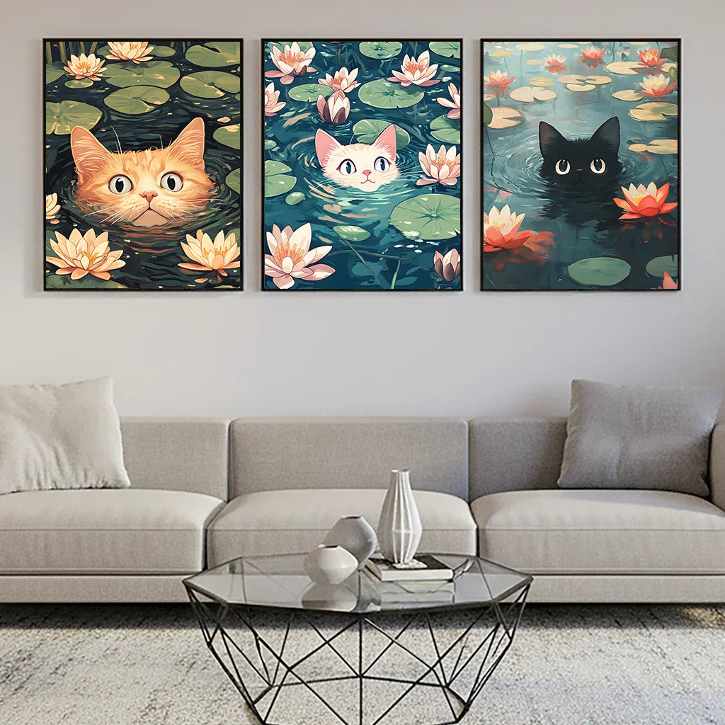Vintage Animal Wall Art, Impressionist Water Lily Cat Canvas Painting, Nordic Poster Print for Bedroom Living Room Wall Decor Peaceful Pleasures Health and Wellness