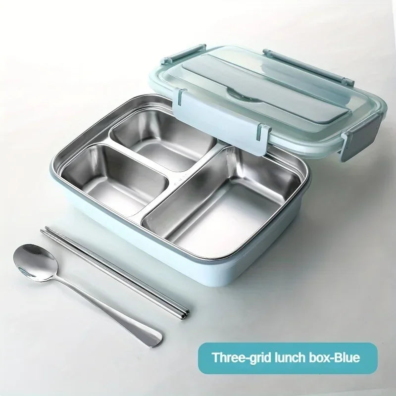 New Durable Easy-Clean Bento Container for Students & Office Workers,Leak-Proof Stainless Steel Lunch Box with 3 Compartments Peaceful Pleasures Health and Wellness Blue