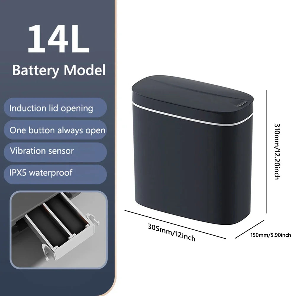 14L Smart Sensor Trash Can with Lid for Kitchen Toilet Bathroom Bins Waterproof Automatic Trash Can Quiet Touchless Wastebasket Peaceful Pleasures Health and Wellness Grey battery