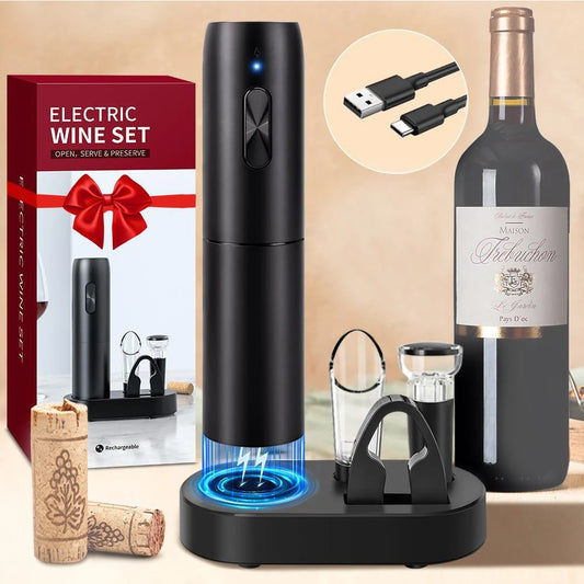 Electric Wine Bottle Opener Automatic Red Wine Corkscrew with Charging Base or Battery Powered Wine Tools Kitchen Products Peaceful Pleasures Health and Wellness