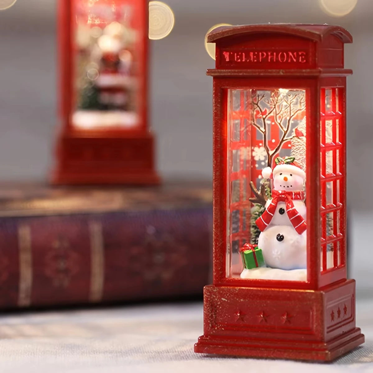 Christmas Phone Booth Decoration with Santa Claus, Snowman & Tree - Red Retro Telephone Booth Ornament With Light Home Decorator Peaceful Pleasures Health and Wellness