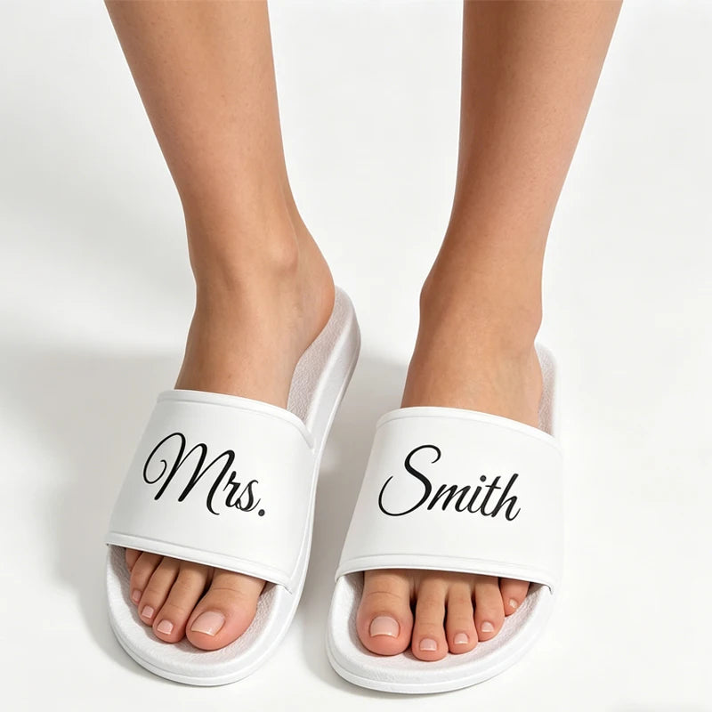 Personalized Name PVC White Background Face Slipper Custom Bride Slide Sandals Wedding Bridal Shower Decoration Mrs Gift Present Peaceful Pleasures Health and Wellness