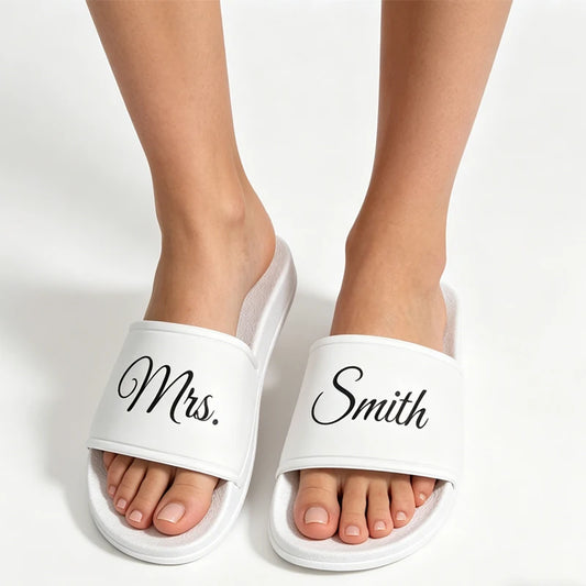 Personalized Name PVC White Background Face Slipper Custom Bride Slide Sandals Wedding Bridal Shower Decoration Mrs Gift Present Peaceful Pleasures Health and Wellness