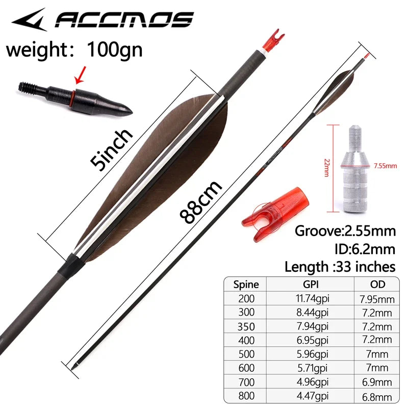 6 Turkey Feather Arrow ID6 2 Pure Carbon Spine 300 350 400 500 600
