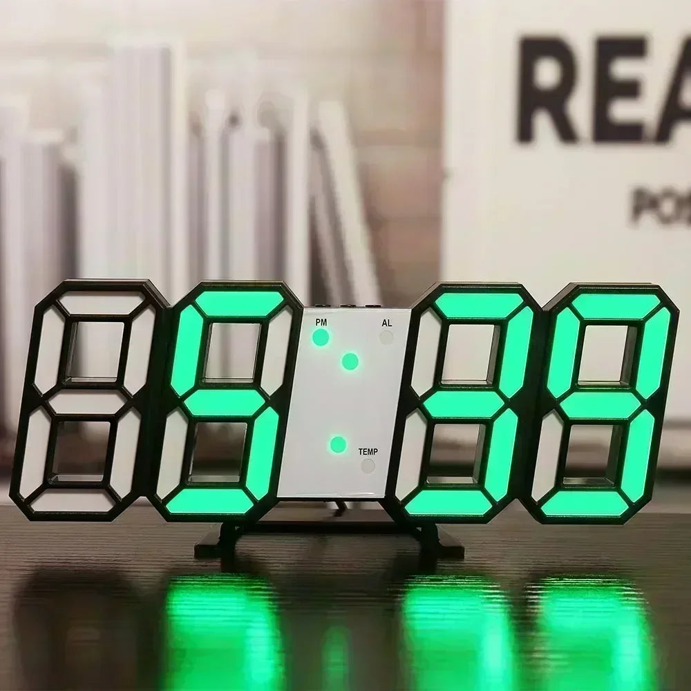 3D LED Digital Wall & Desk Clock – USB, Alarm & Auto Dimmer Digital Wall Clock Peaceful Pleasures Health and Wellness Black and green 8 inch