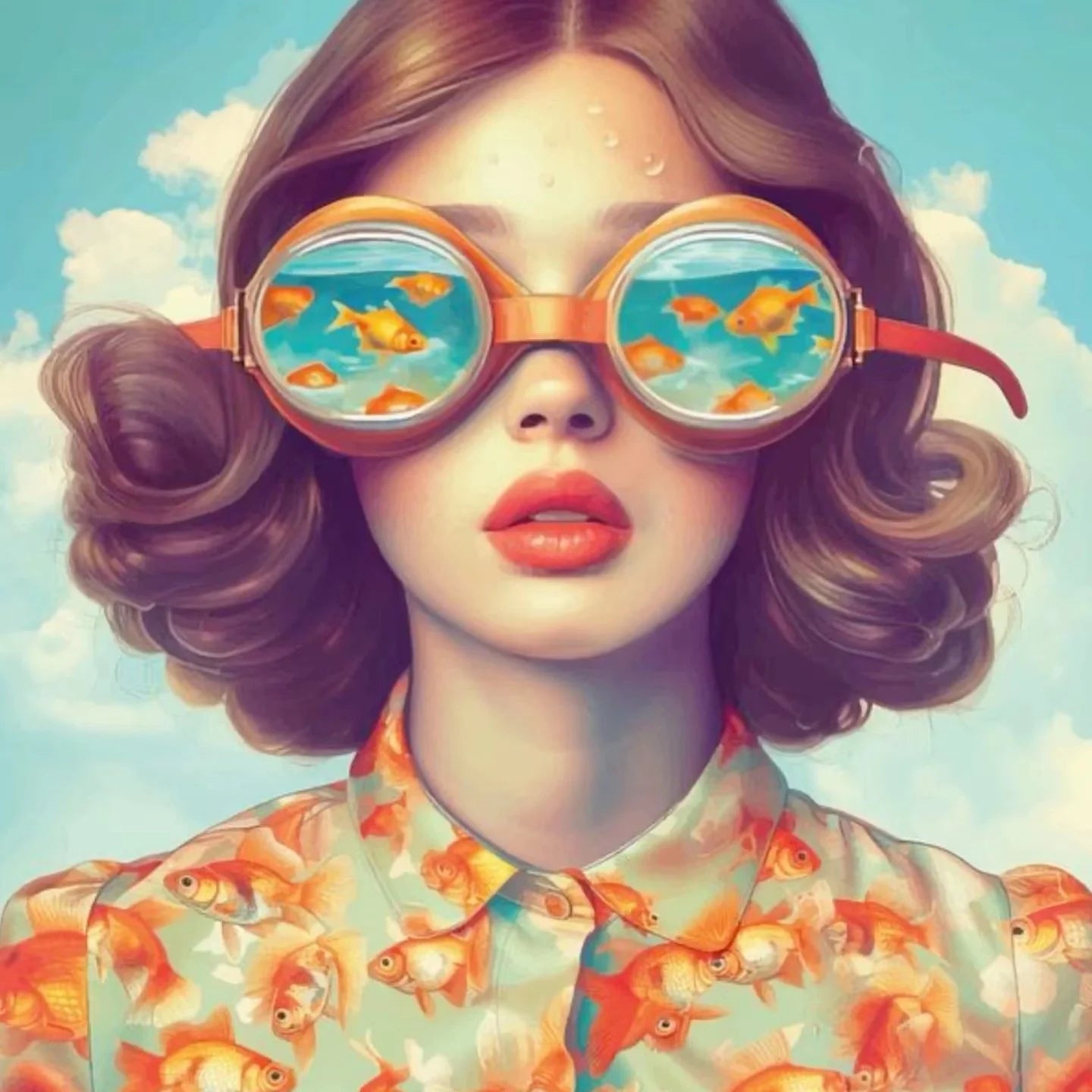 Surrealism Woman Portrait Canvas Painting Wall Art Wonderful Fantasy Fish and Girl Poster Prints for Living Room Home Decor Peaceful Pleasures Health and Wellness ZLH3562 20x20cm Unframed