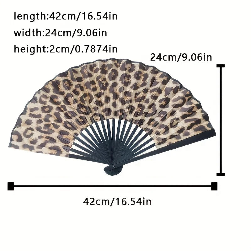 Leopard Print Folding Fan – Black Frame, Portable for Women