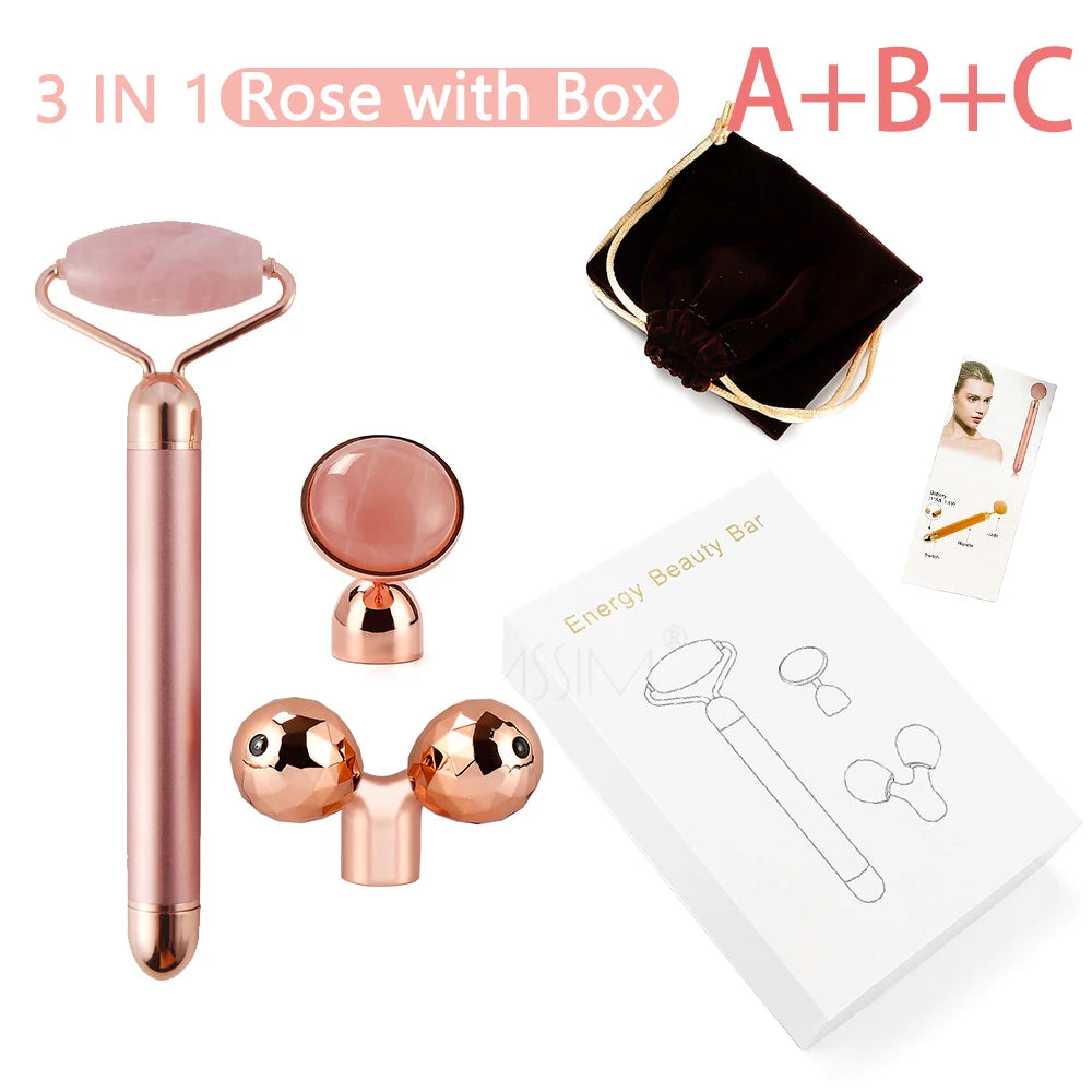 New Electric Vibrating Jade Roller Massager For Slimming Face Lifting Rose Quartz 3D Roller Stone Facial Skin Care Beauty Tool Peaceful Pleasures Health and Wellness 3 IN 1 With Box