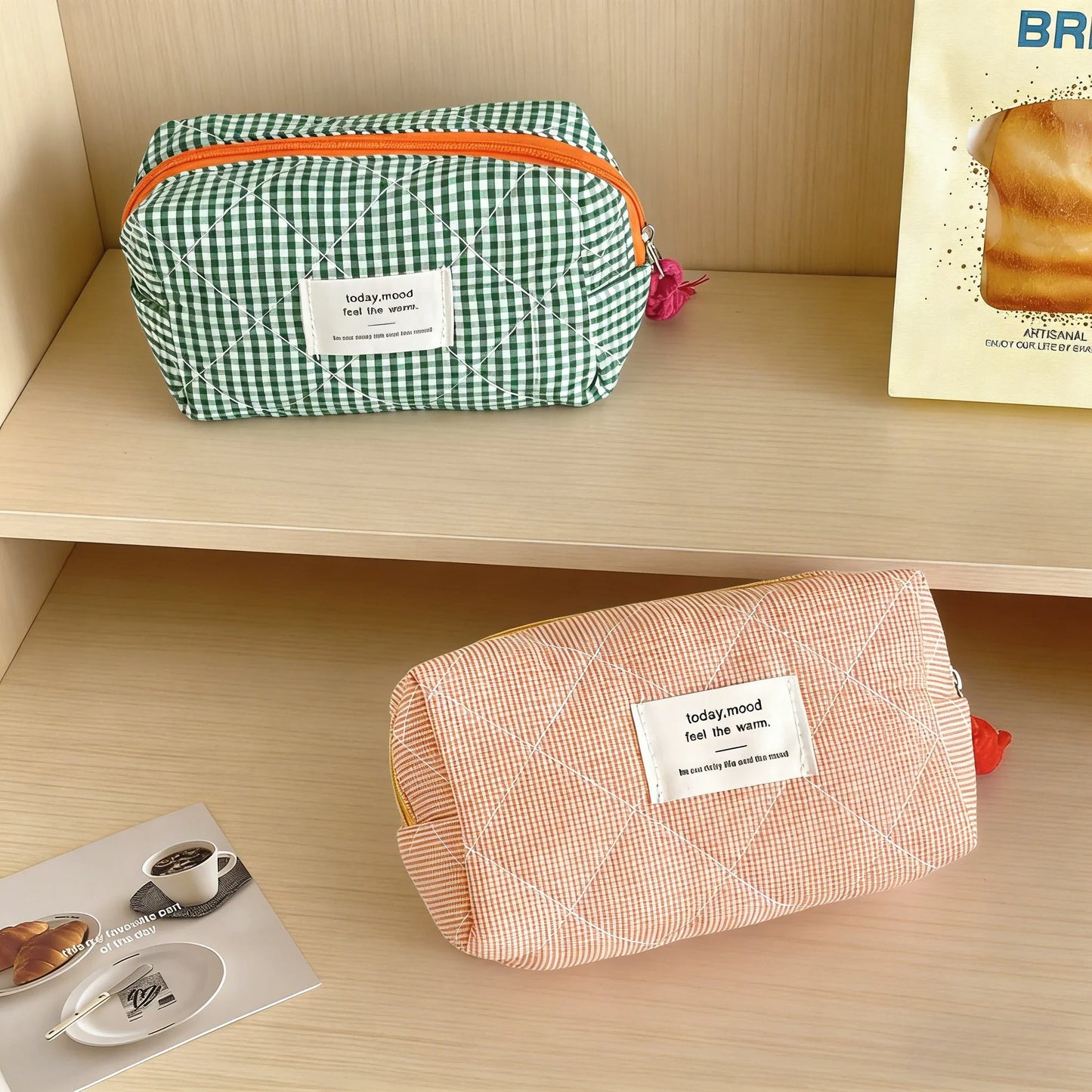 Vintage Plaid Octagon Makeup Bag | Japanese Style Travel Pouch