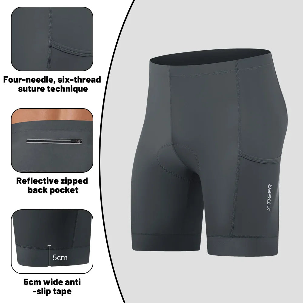 X-TIGER Men's Cycling Shorts – 5D Gel Pad & Zippered Pockets