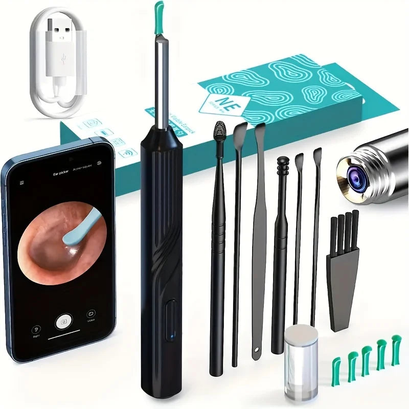 2025 Visual Ear Wax Cleaner with Camera Safe Earwax Removal Endoscope with Camera Luminous Otoscope Ear Cleaning Tools Ear Care Peaceful Pleasures Health and Wellness 8PCS Set Black