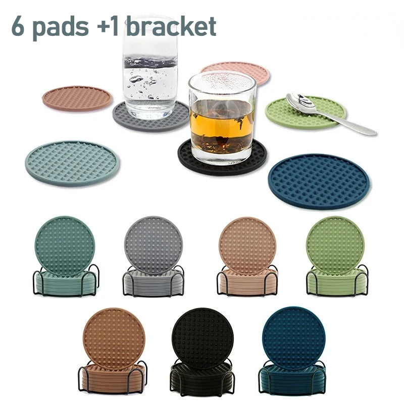 6-Piece Silicone Coaster Set with Storage Holder – Heat-Resistant Round Cup Mats, 10cm