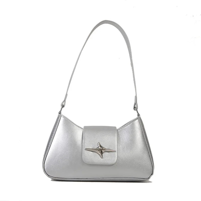 Four Pointed Star Solid Color Armpit Bag Women's Fashionable Texture Casual Shoulder Bag Summer Stylish Simple Small Square Bags Peaceful Pleasures Health and Wellness Silver