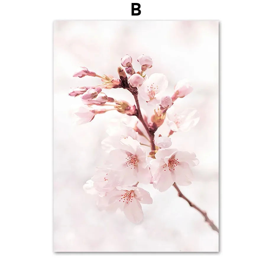 Nordic Pink Flower Canvas Wall Art Sakura Rose Tulip Floral Landscape Aesthetic Poster for Bedroom Living Room Home Decor Peaceful Pleasures Health and Wellness 2 40x50cm Unframed