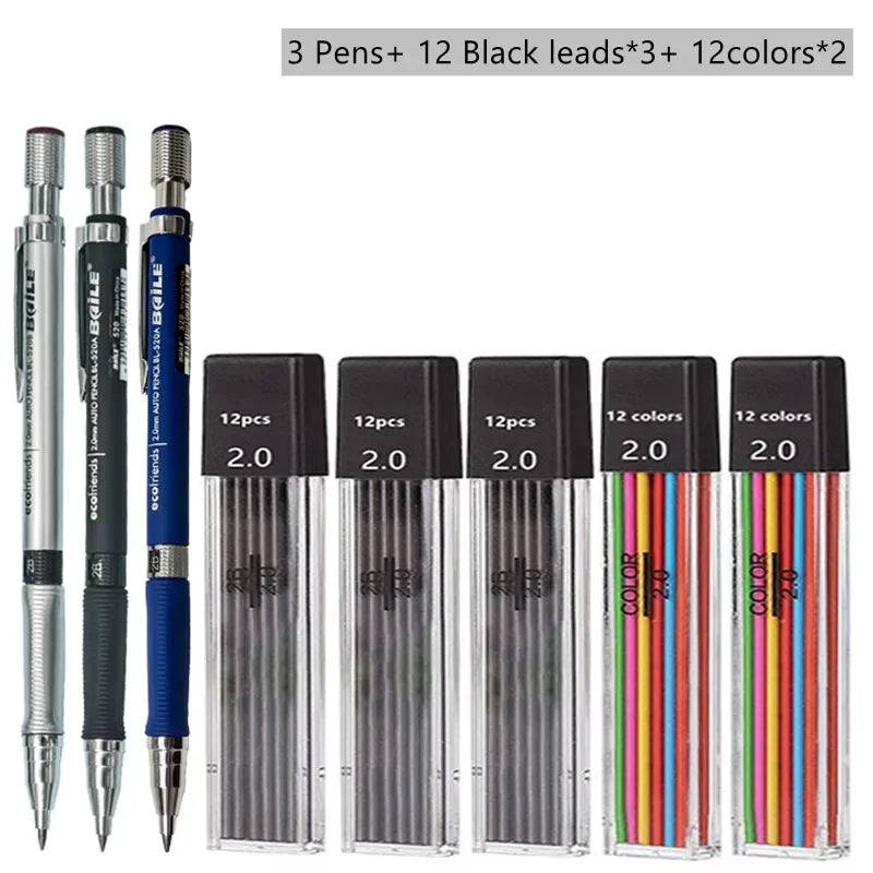 Mechanical Pencil Set 2.0 mm with 2B Black/Colors Lead Refill For Writing Sketching Art Drawing Painting School Automatic Pencil Peaceful Pleasures Health and Wellness Mix color set D