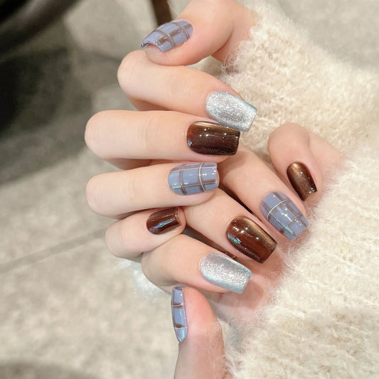 Retro Grid Glossy Press On Nails – Short Square Y2K Tips Press On Nails Peaceful Pleasures Health and Wellness
