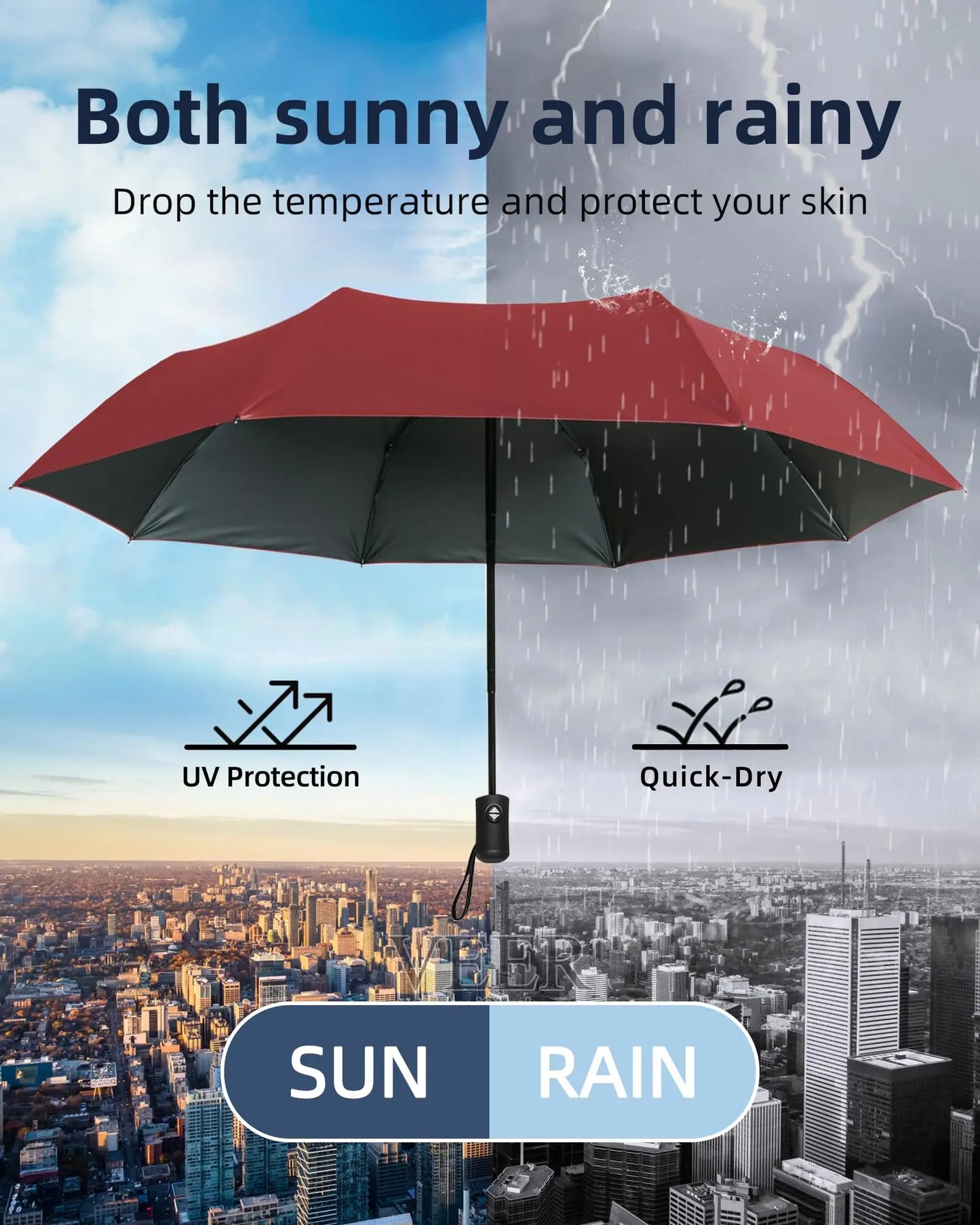 12-Rib Auto Folding Umbrella – UV Blocking & Windproof