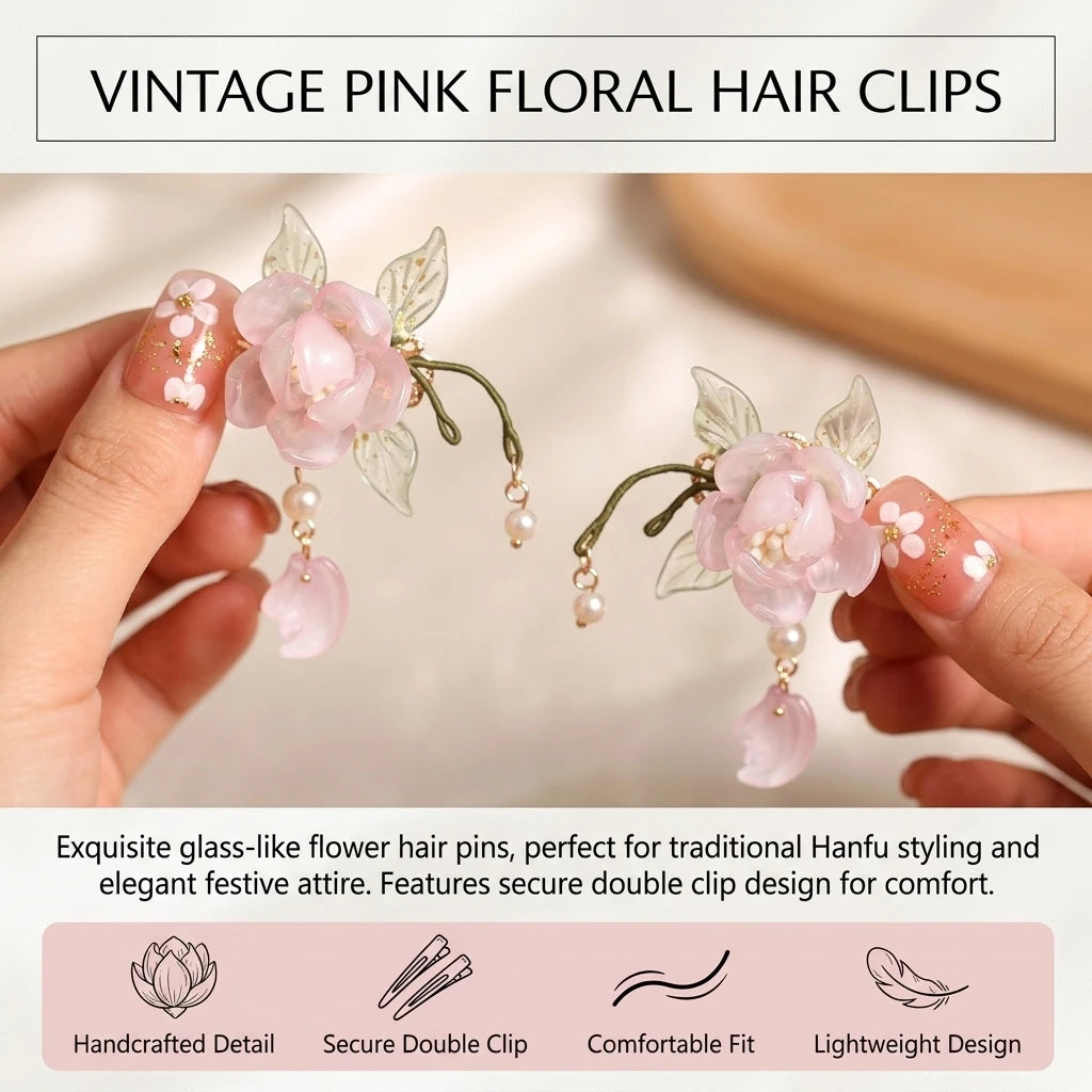 Vintage Pink Glass Flower Hair Clips Pair for Kids Peaceful Pleasures Health and Wellness