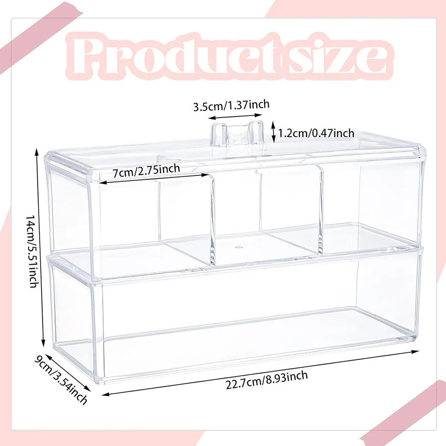 Clear 3-Compartment Bathroom Organizer – Cotton Ball, Swab & Vanity Makeup Storage Container