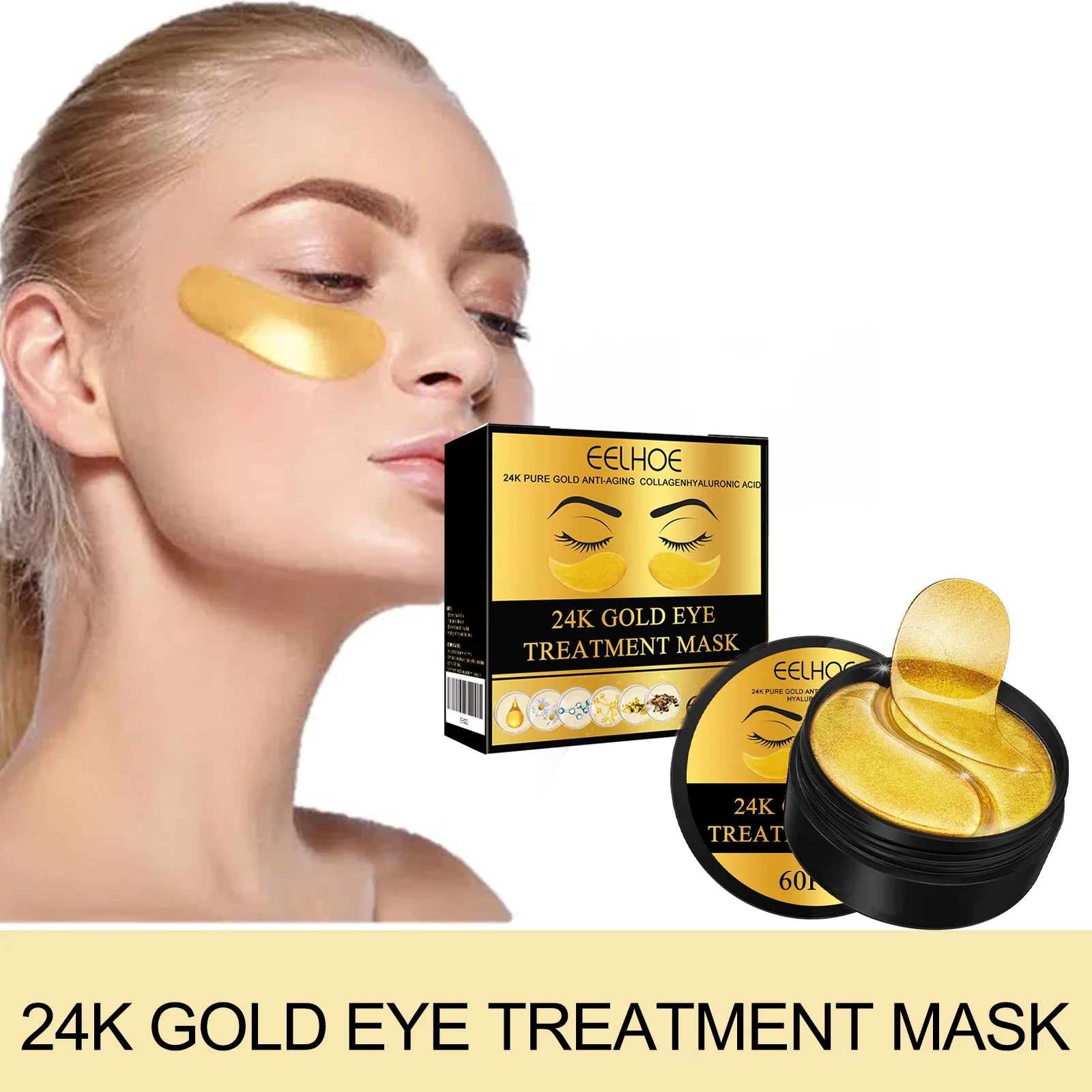 EELHOE 24k Gold Eye Mask Removing Pouch Reducing Wrinkle Dark Circles Fade Fine Lines Anti-Aging Moisturizing Collagen Eye Masks Peaceful Pleasures Health and Wellness