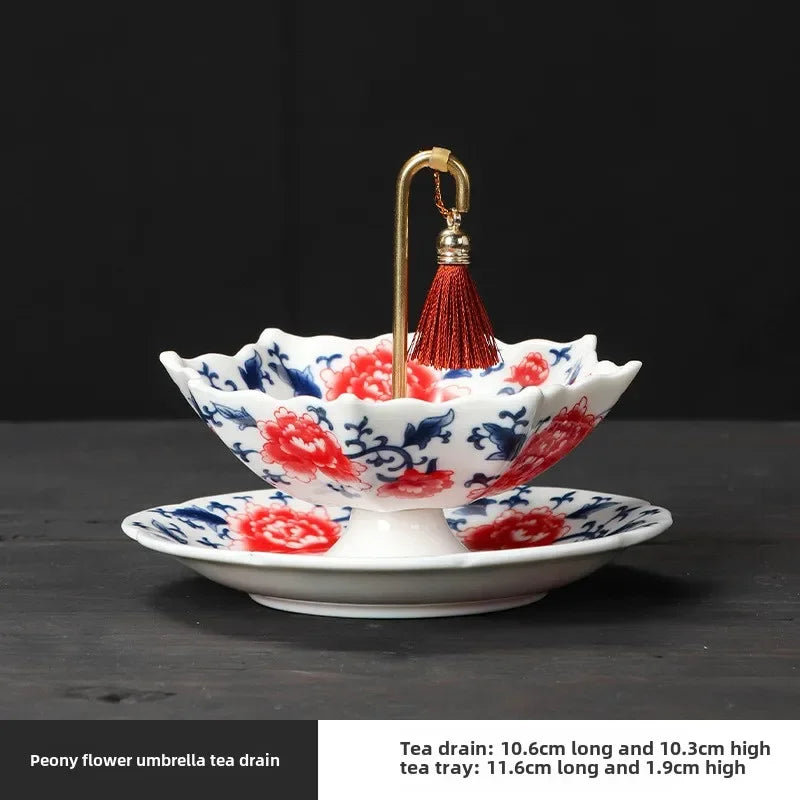 Creative Blue and White Porcelain Umbrella-shaped Ceramic Filter Tea Strainer Gongfu Tea Set Accessories Rotating Tea Filter Peaceful Pleasures Health and Wellness Peony Flower