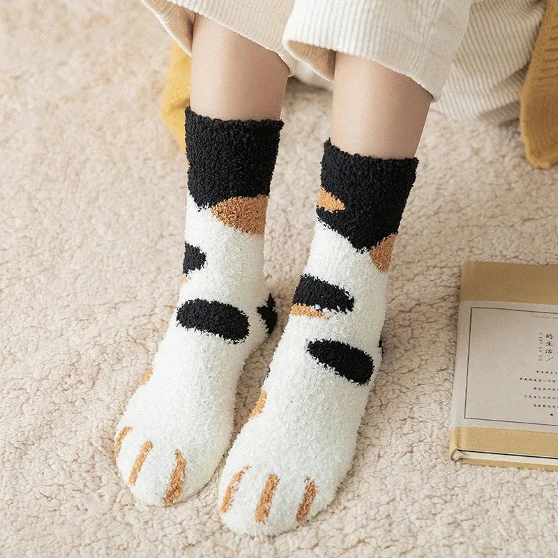 Women's Fuzzy Cat Paw Fluffy Socks | Warm Coral Fleece Floor Socks