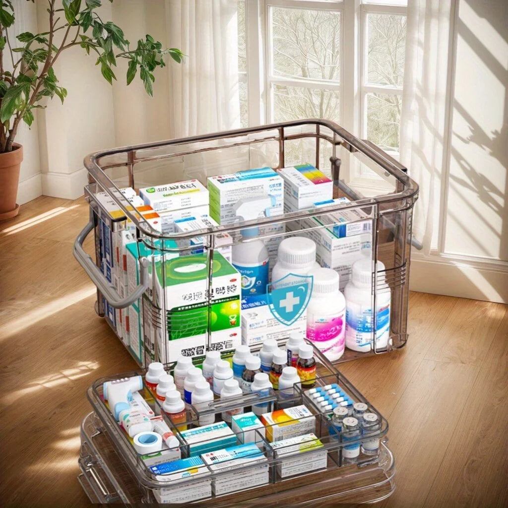 Clear Medicine Organizer Box with Tray & Labels | Storage Chest