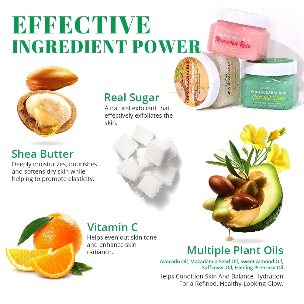 Shea Sugar Body Scrub – Moroccan Rose, Coconut Lime & Pineapple Peaceful Pleasures Health and Wellness