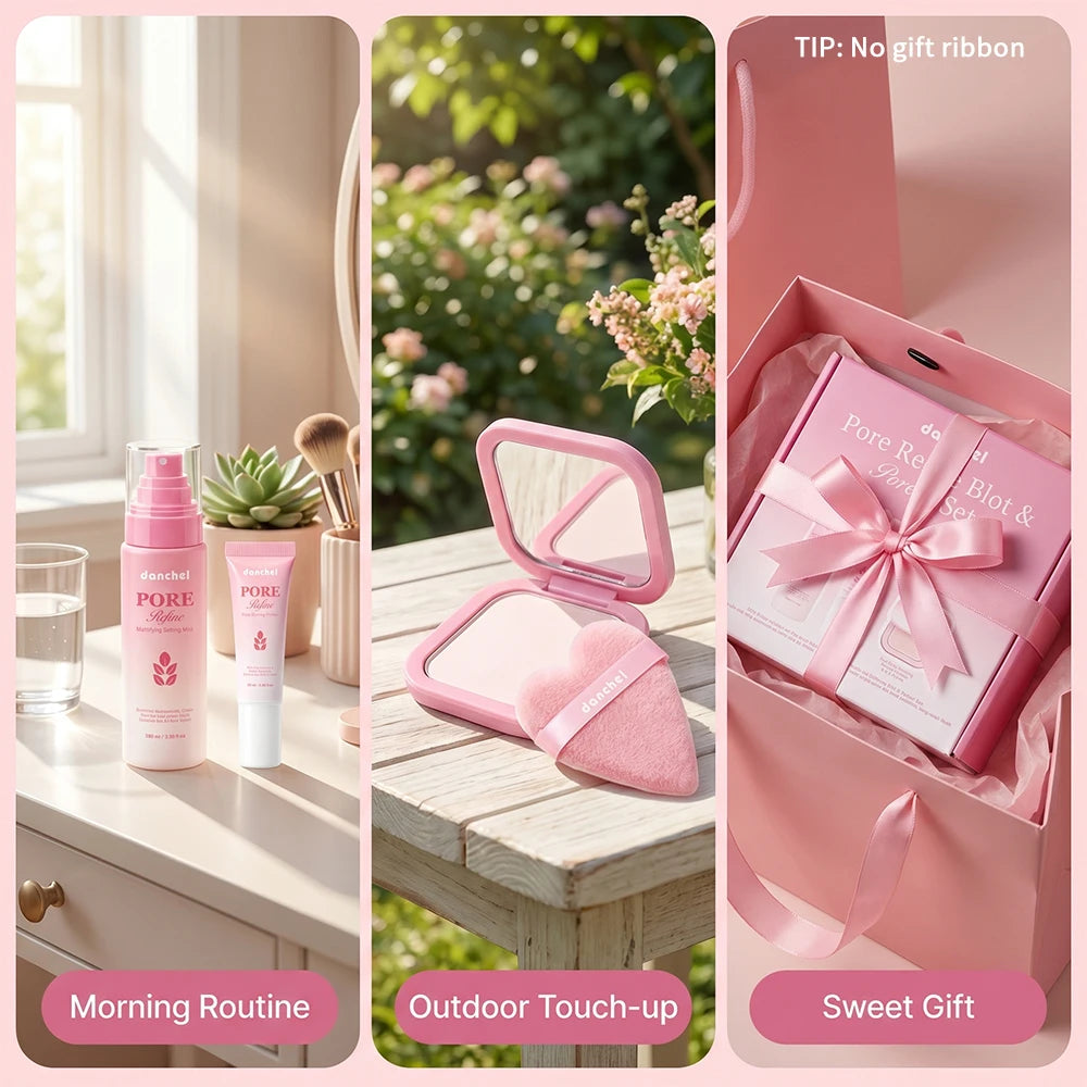 Pore Refine Blot & Porefect Set Pore-Blurring 12h Matte Oil Control Primer, Setting Spray, Touch-up, Powder Puff 4PCS Makeup Kit Peaceful Pleasures Health and Wellness